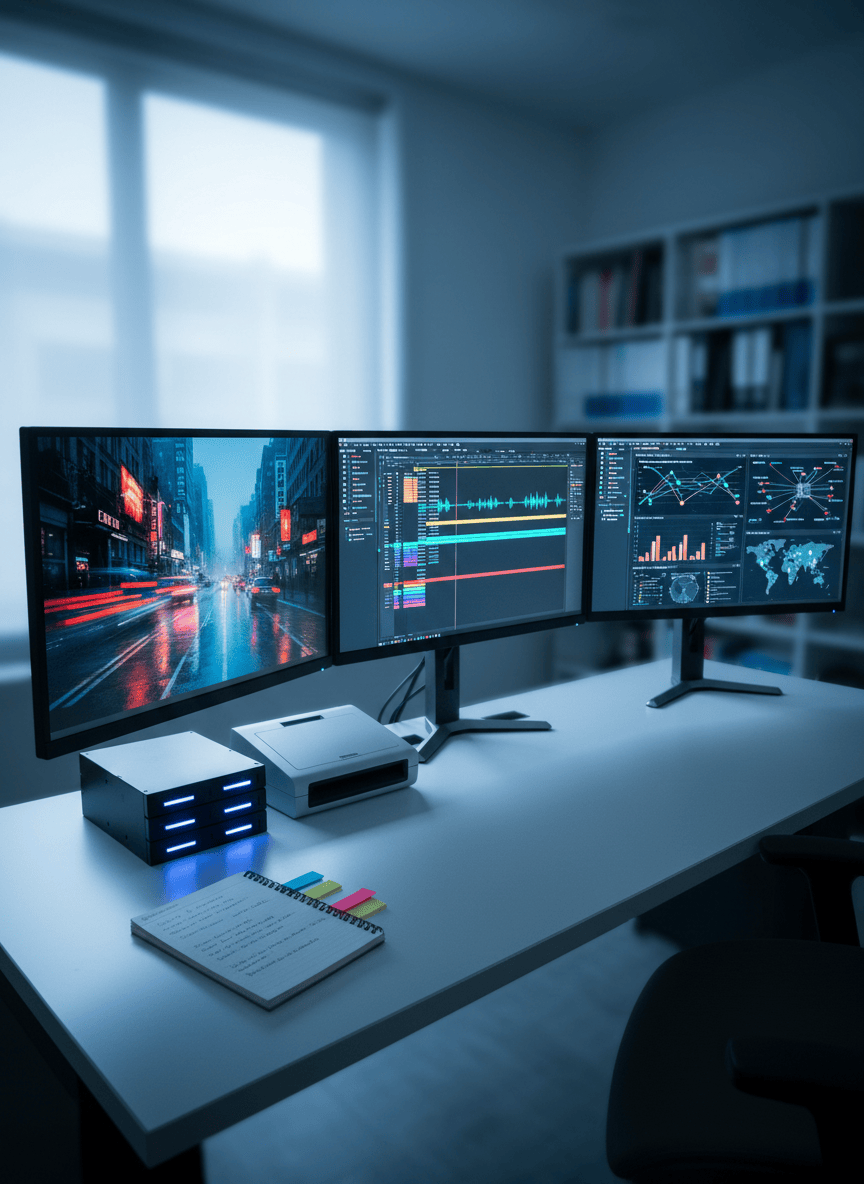 A multimedia editing suite dedicated to investigative reporting, without any people, featuring three monitors on a clean white desk. One screen shows a paused video frame of city streets at night, another displays a dense timeline with multiple audio and video layers, and the third reveals charts and data visualizations. A small, open notebook with color-coded tabs, an external hard drive array with subtle indicator lights, and a portable scanner emphasize research. Cool, diffused light from a large unseen window mixes with the faint glow of monitor light, producing crisp reflections and gentle shadows that feel analytical and focused. Photographic realism, wide-angle composition at eye level with sharp focus throughout, creating a calm, controlled, highly professional atmosphere suitable for long-form investigative multimedia work.