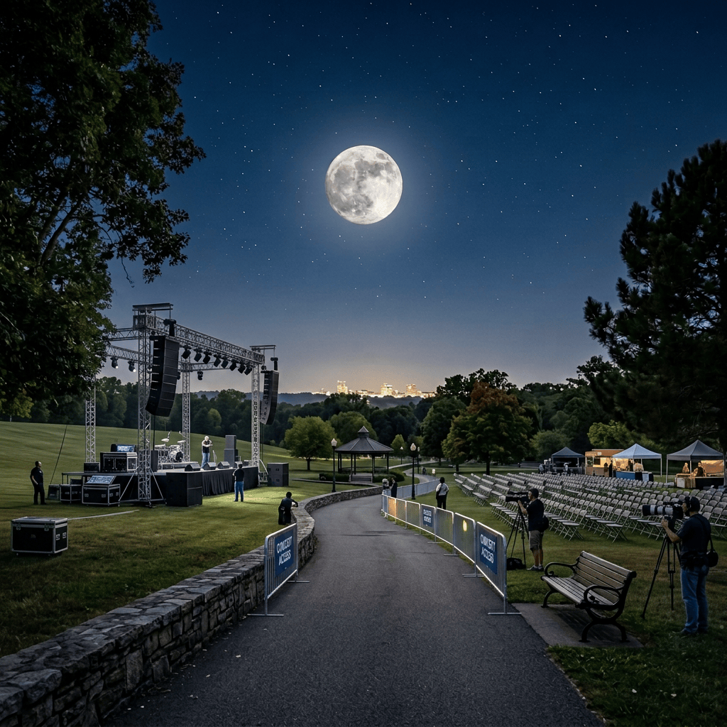 A person walking on a dark mountain path at night under a full moon